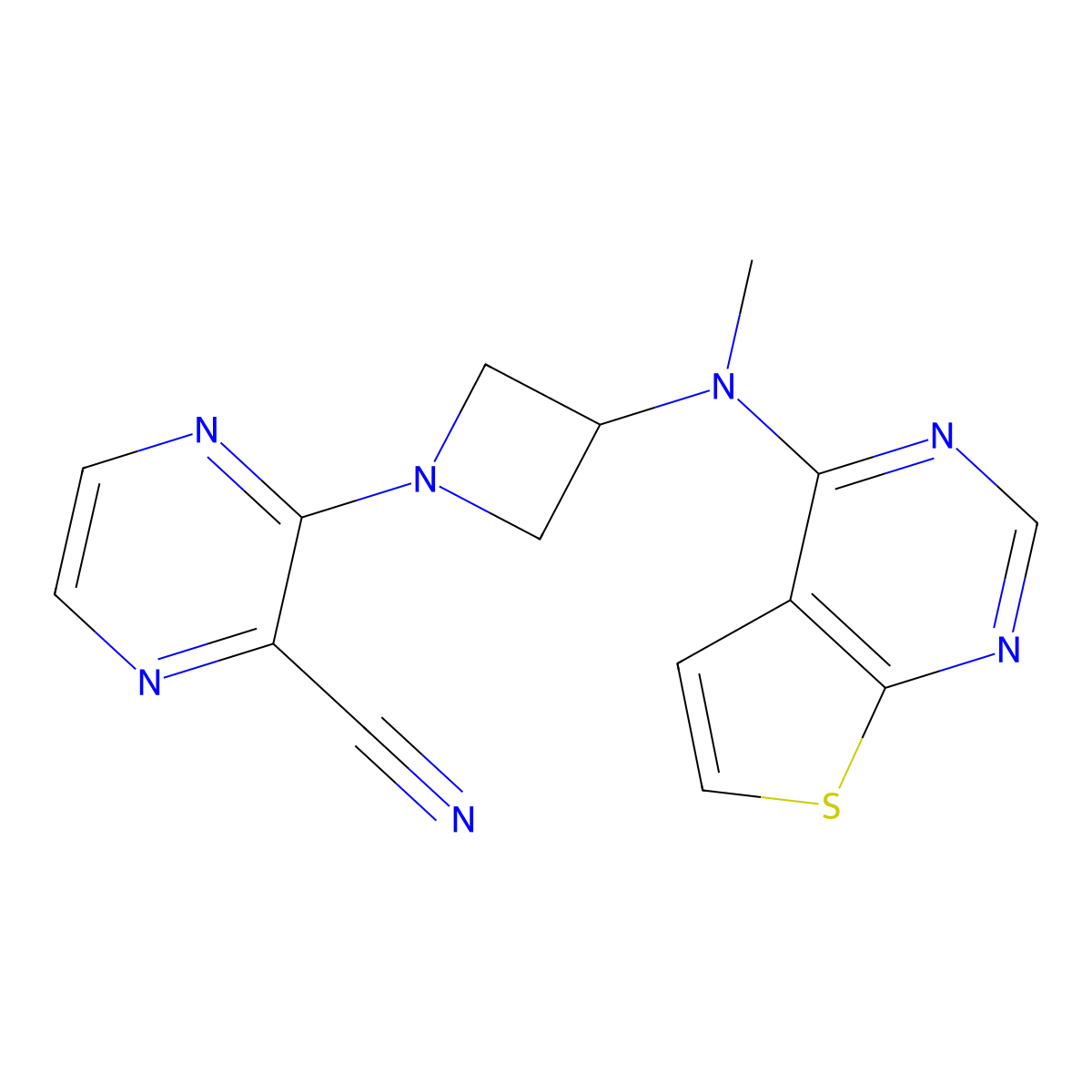 3-{3-[Methyl({thieno[2,3-d]pyrimidin-4-yl})amino]azetidin-1-yl}pyrazine-2-carbonitrile molecular structure, CAS 2380077-81-4
