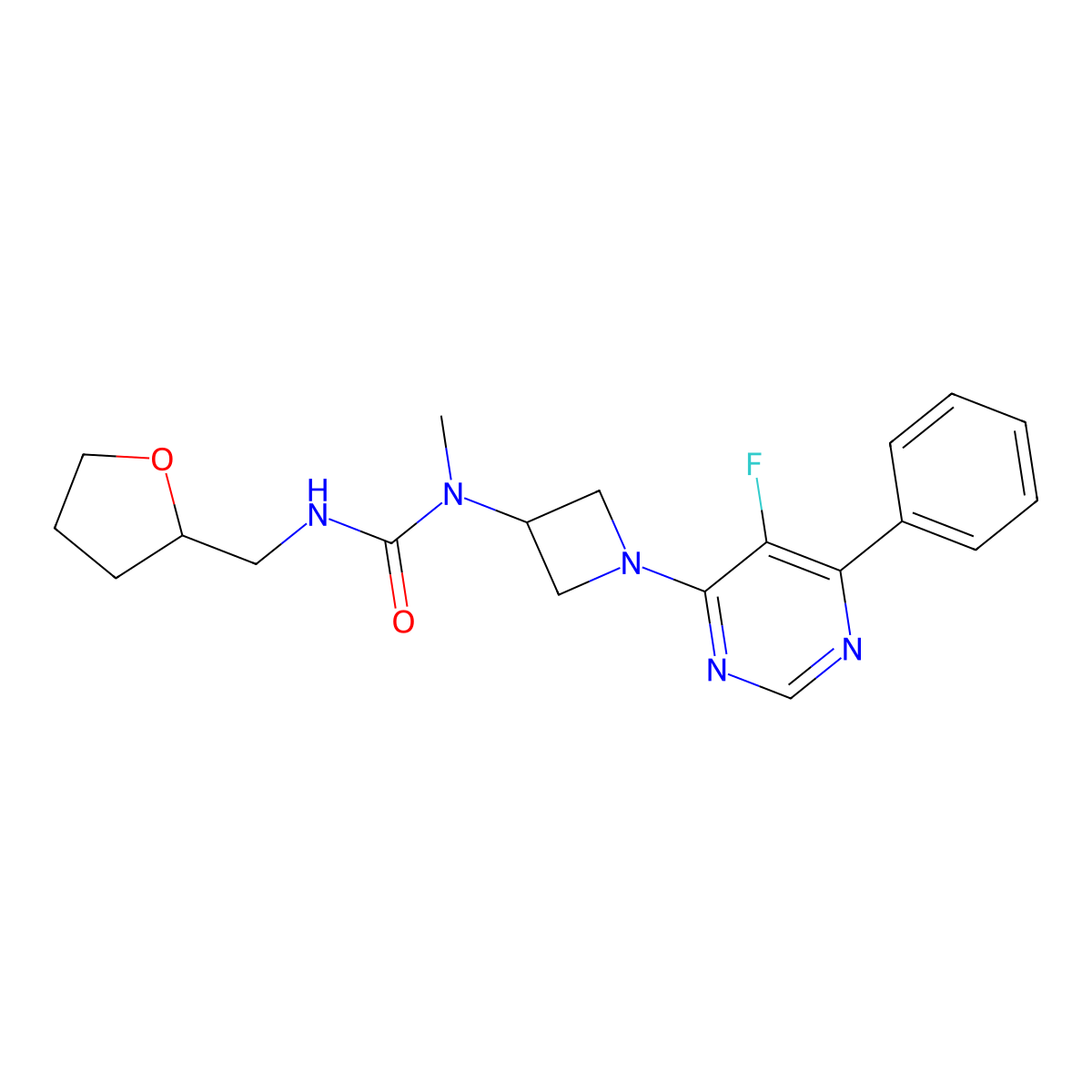 3-[1-(5-Fluoro-6-phenylpyrimidin-4-yl)azetidin-3-yl]-3-methyl-1-[(oxolan-2-yl)methyl]urea molecular structure, CAS 2380078-00-0