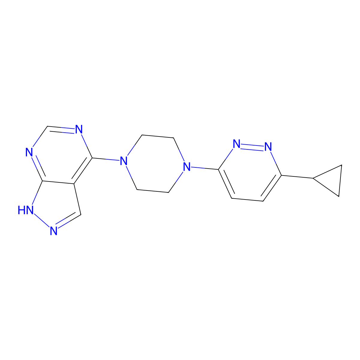 3-cyclopropyl-6-(4-{1H-pyrazolo[3,4-d]pyrimidin-4-yl}piperazin-1-yl)pyridazine molecular structure, CAS 2380078-10-2