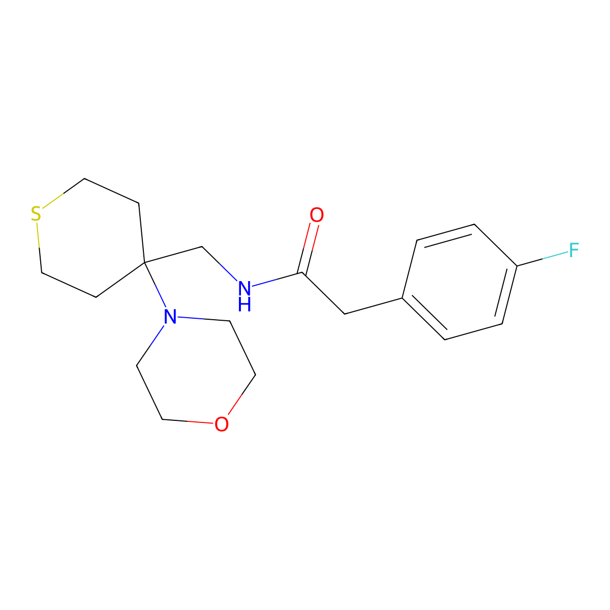 2-(4-fluorophenyl)-N-{[4-(morpholin-4-yl)thian-4-yl]methyl}acetamide molecular structure, CAS 2380078-25-9