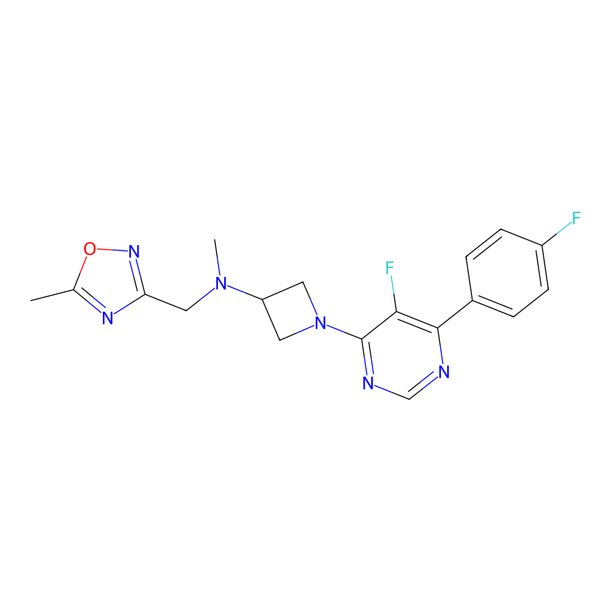 1-[5-Fluoro-6-(4-fluorophenyl)pyrimidin-4-yl]-N-methyl-N-[(5-methyl-1,2,4-oxadiazol-3-yl)methyl]azetidin-3-amine molecular structure, CAS 2380078-26-0