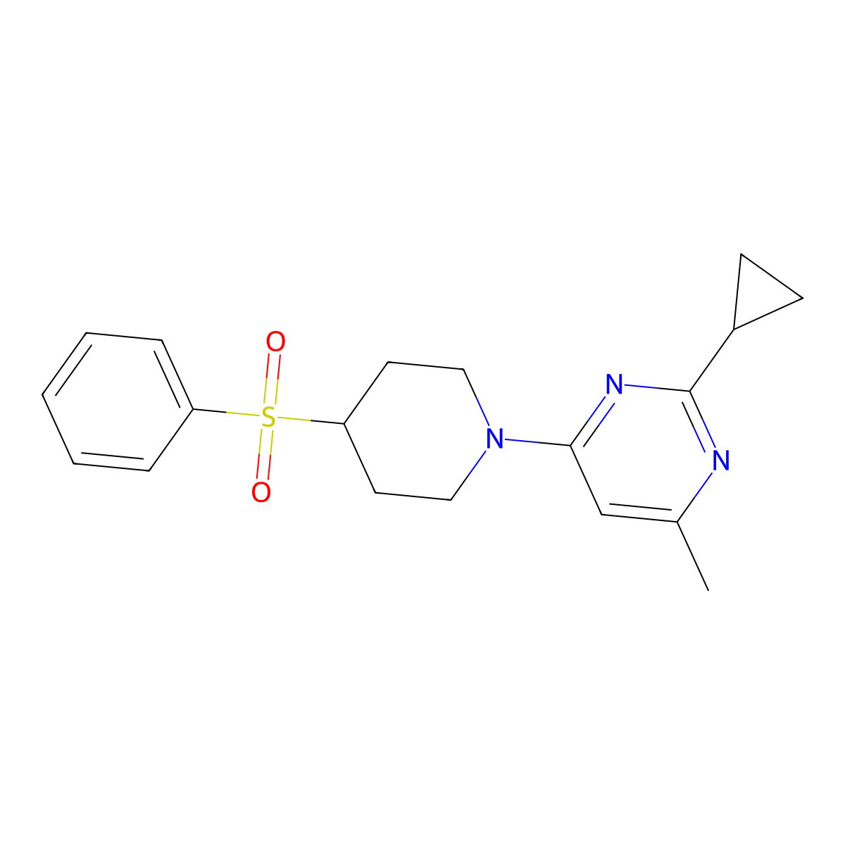 4-[4-(Benzenesulfonyl)piperidin-1-yl]-2-cyclopropyl-6-methylpyrimidine molecular structure, CAS 2380078-27-1