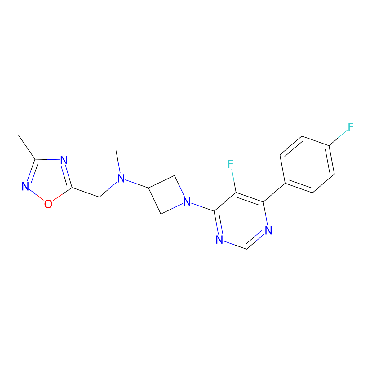 1-[5-Fluoro-6-(4-fluorophenyl)pyrimidin-4-yl]-N-methyl-N-[(3-methyl-1,2,4-oxadiazol-5-yl)methyl]azetidin-3-amine molecular structure, CAS 2380078-28-2