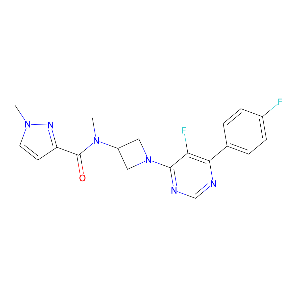 N-{1-[5-fluoro-6-(4-fluorophenyl)pyrimidin-4-yl]azetidin-3-yl}-N,1-dimethyl-1H-pyrazole-3-carboxamide molecular structure, CAS 2380078-30-6