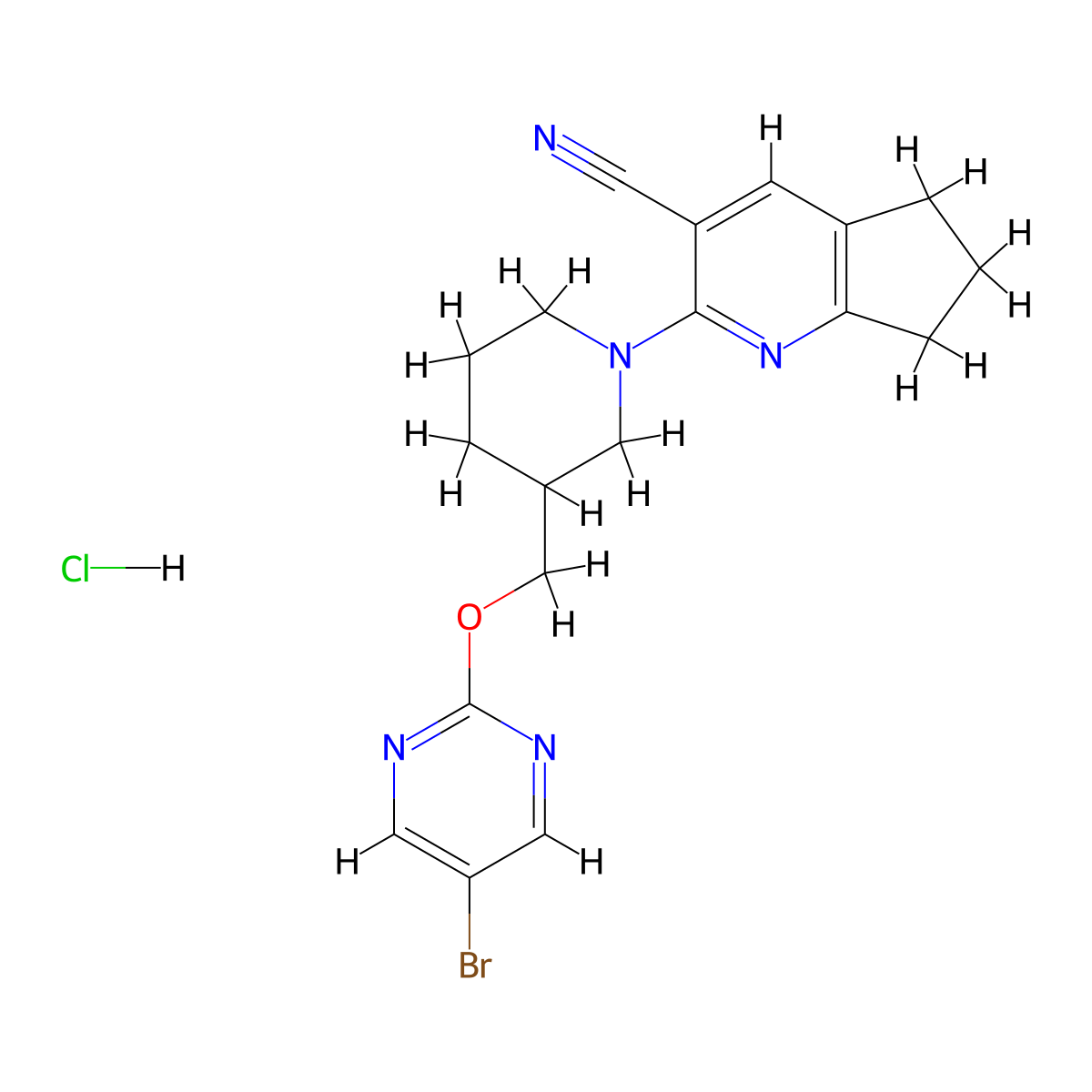 2-(3-{[(5-bromopyrimidin-2-yl)oxy]methyl}piperidin-1-yl)-5H,6H,7H-cyclopenta[b]pyridine-3-carbonitrile hydrochloride molecular structure, CAS 2380078-38-4