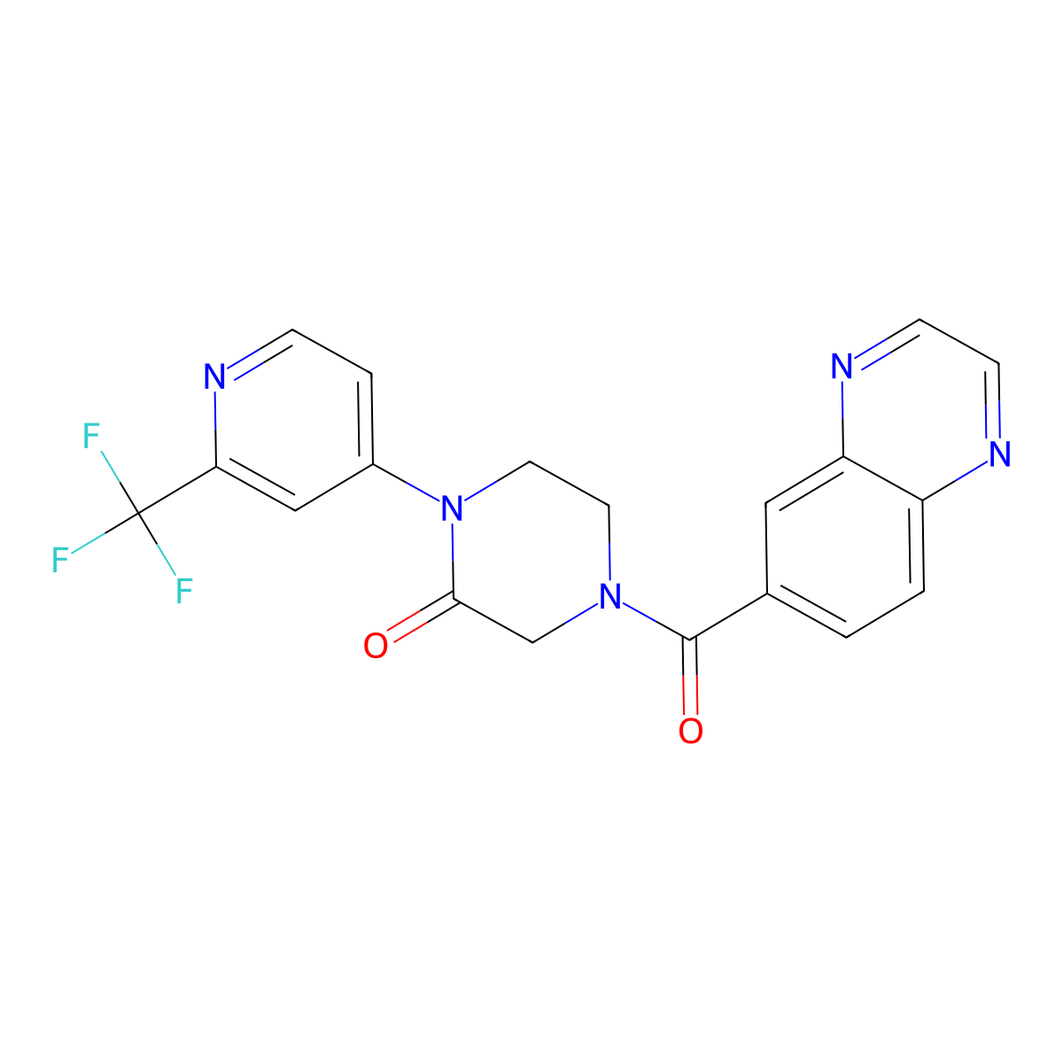4-(Quinoxaline-6-carbonyl)-1-[2-(trifluoromethyl)pyridin-4-yl]piperazin-2-one molecular structure, CAS 2380078-43-1