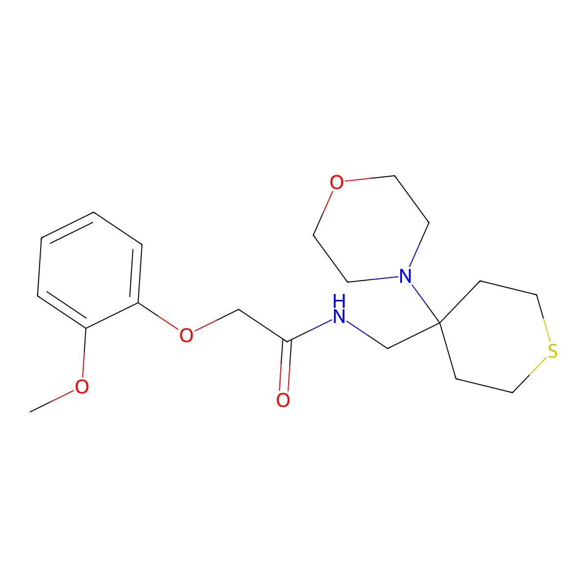2-(2-methoxyphenoxy)-N-{[4-(morpholin-4-yl)thian-4-yl]methyl}acetamide molecular structure, CAS 2380078-49-7