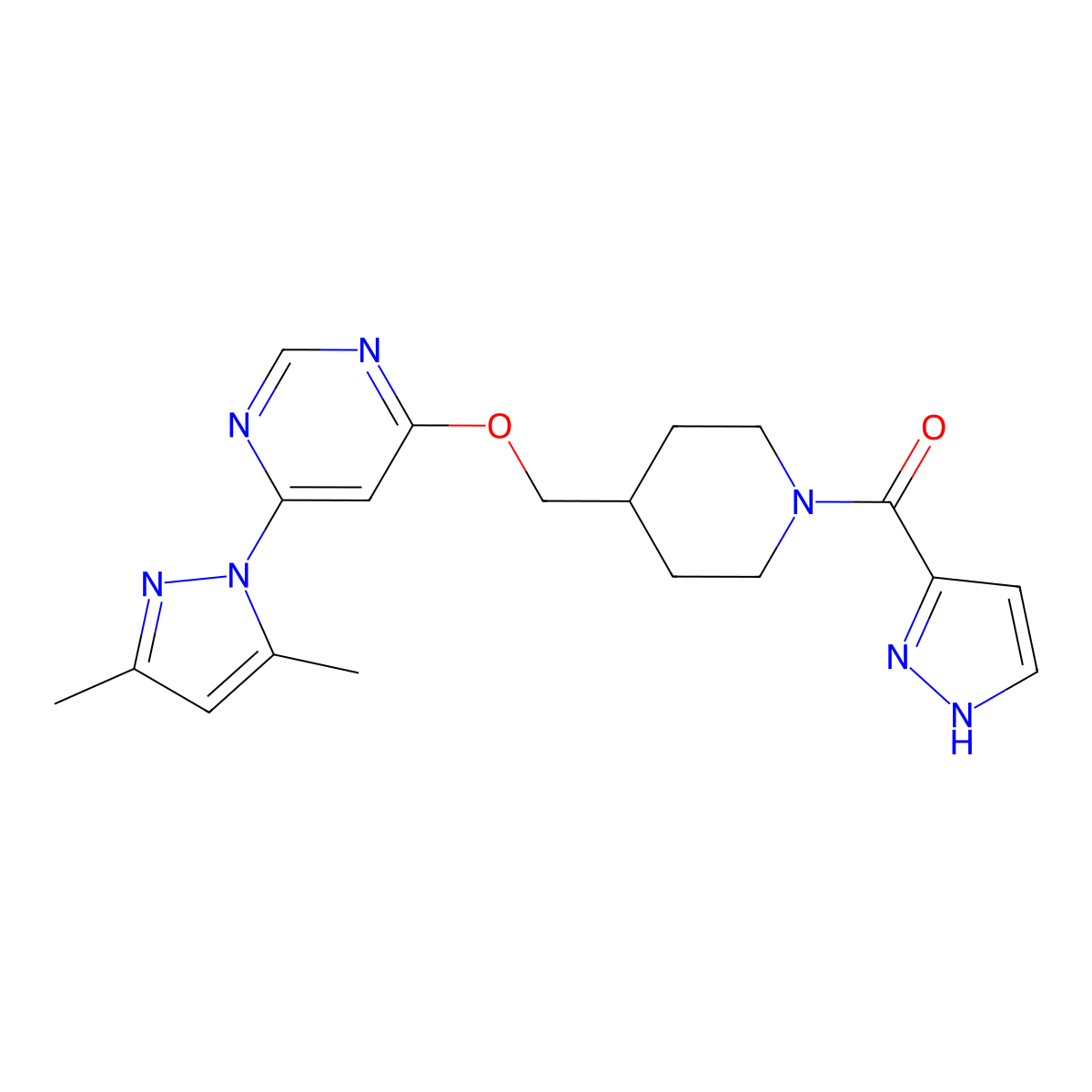 4-(3,5-dimethyl-1H-pyrazol-1-yl)-6-{[1-(1H-pyrazole-3-carbonyl)piperidin-4-yl]methoxy}pyrimidine molecular structure, CAS 2380078-51-1