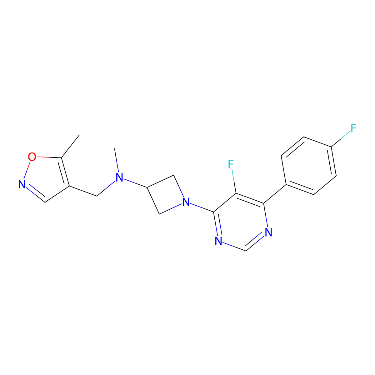 1-[5-Fluoro-6-(4-fluorophenyl)pyrimidin-4-yl]-N-methyl-N-[(5-methyl-1,2-oxazol-4-yl)methyl]azetidin-3-amine molecular structure, CAS 2380078-56-6