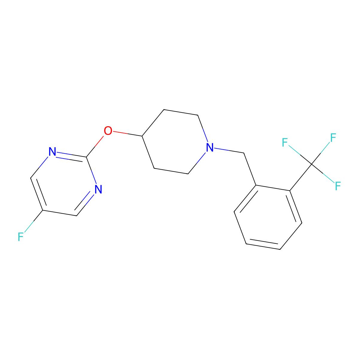5-Fluoro-2-[(1-{[2-(trifluoromethyl)phenyl]methyl}piperidin-4-yl)oxy]pyrimidine molecular structure, CAS 2380078-58-8