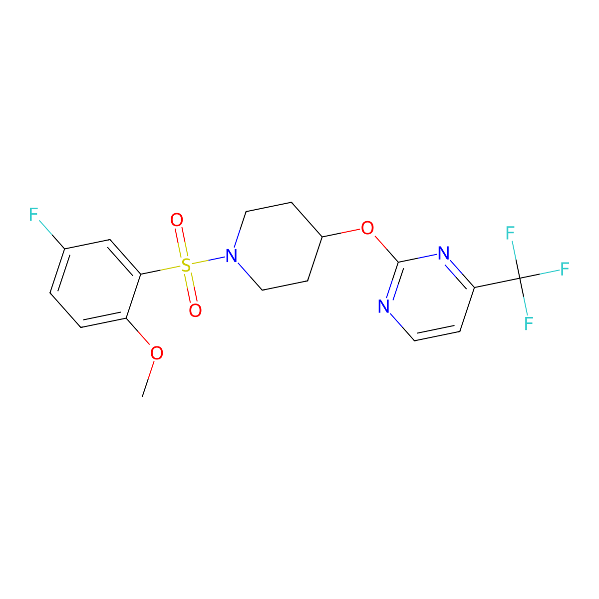 2-{[1-(5-Fluoro-2-methoxybenzenesulfonyl)piperidin-4-yl]oxy}-4-(trifluoromethyl)pyrimidine molecular structure, CAS 2380078-67-9