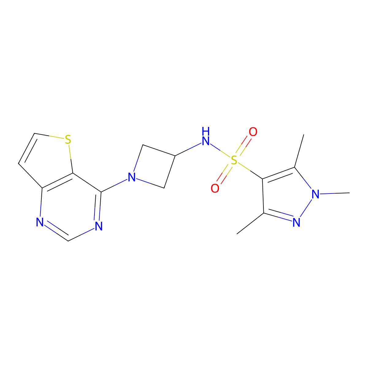 1,3,5-trimethyl-N-(1-{thieno[3,2-d]pyrimidin-4-yl}azetidin-3-yl)-1H-pyrazole-4-sulfonamide molecular structure, CAS 2380078-80-6