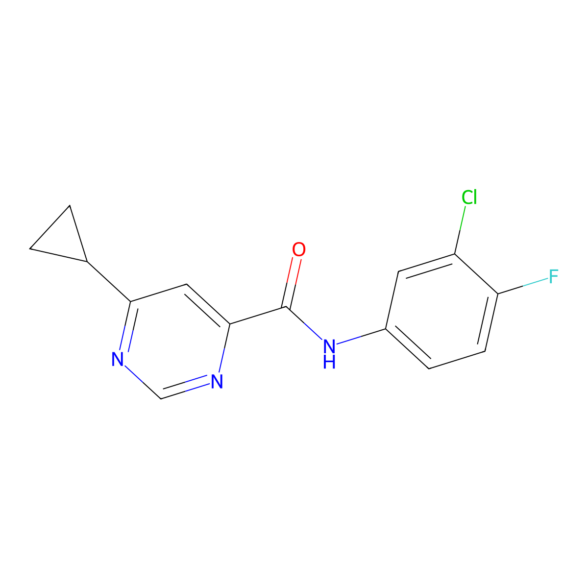 N-(3-Chloro-4-fluorophenyl)-6-cyclopropylpyrimidine-4-carboxamide molecular structure, CAS 2380078-87-3
