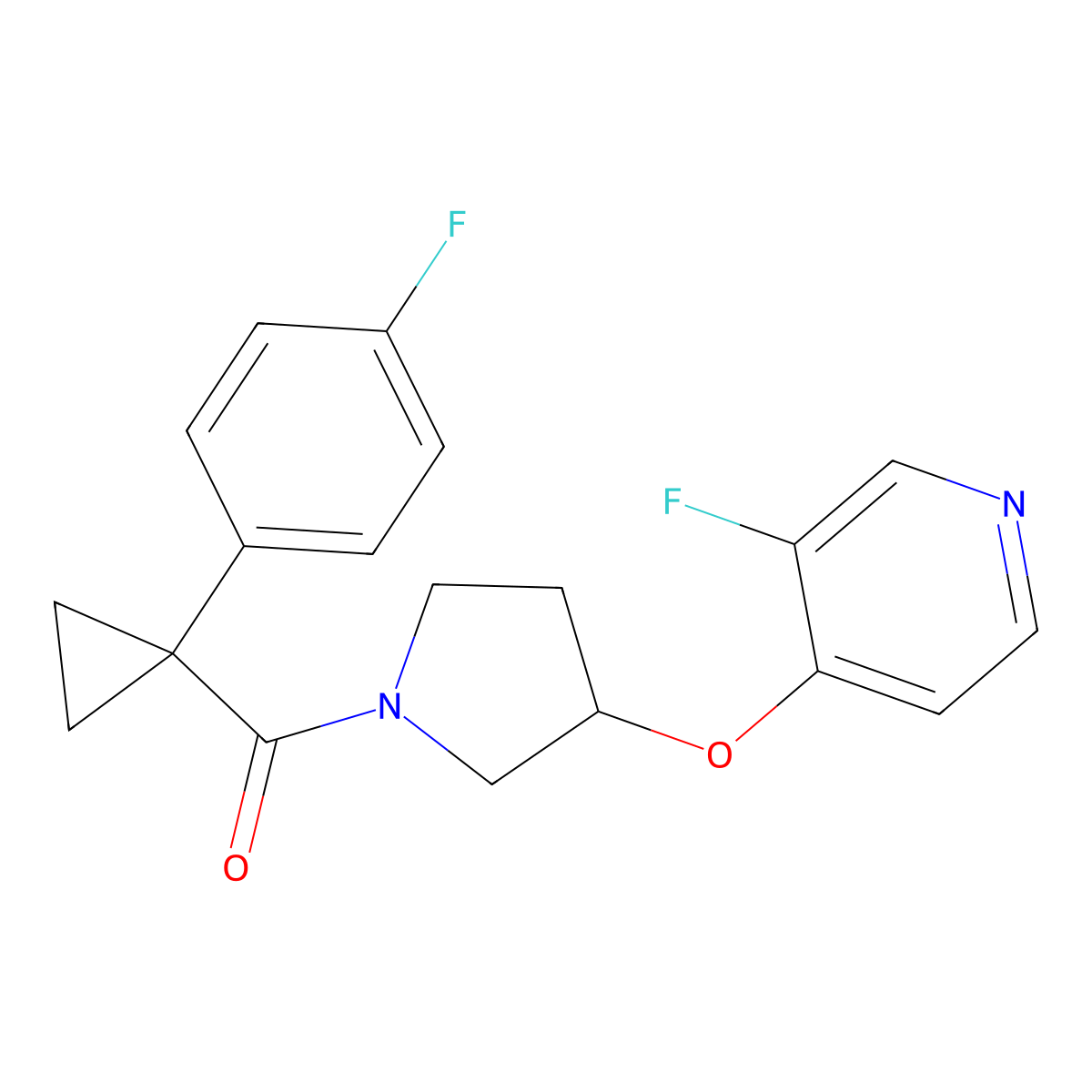 3-Fluoro-4-({1-[1-(4-fluorophenyl)cyclopropanecarbonyl]pyrrolidin-3-yl}oxy)pyridine molecular structure, CAS 2380078-99-7