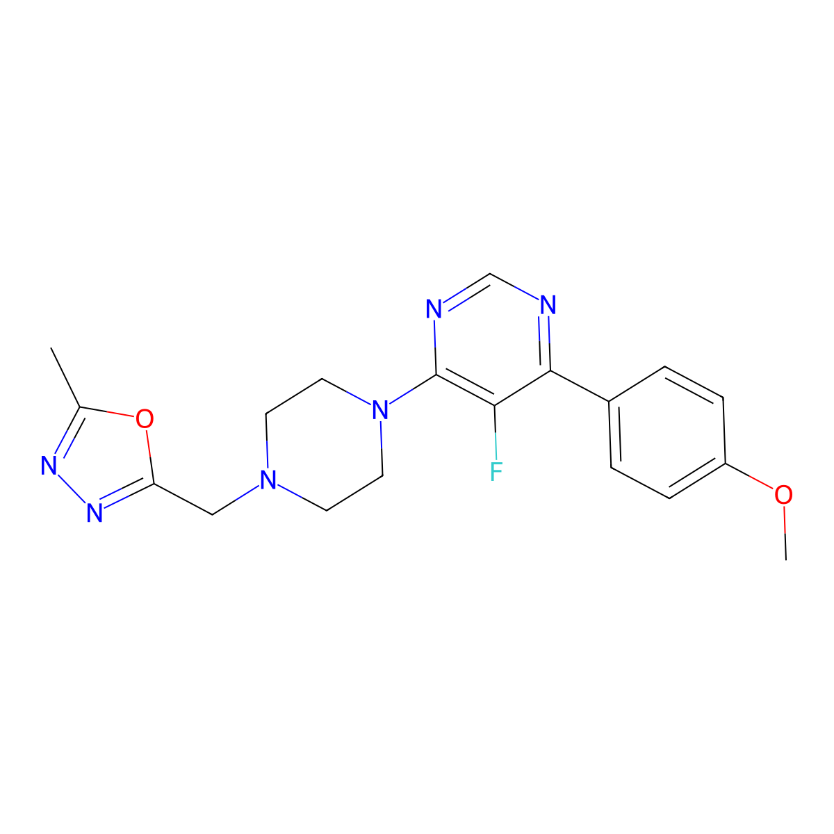 5-Fluoro-4-(4-methoxyphenyl)-6-{4-[(5-methyl-1,3,4-oxadiazol-2-yl)methyl]piperazin-1-yl}pyrimidine molecular structure, CAS 2380079-01-4