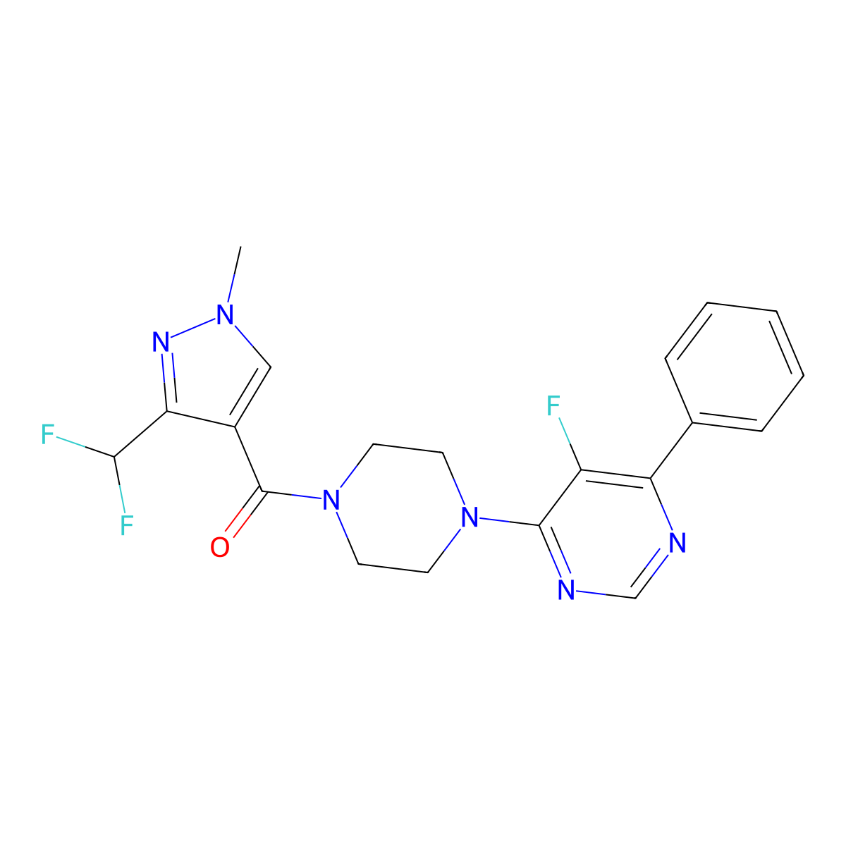 4-{4-[3-(difluoromethyl)-1-methyl-1H-pyrazole-4-carbonyl]piperazin-1-yl}-5-fluoro-6-phenylpyrimidine molecular structure, CAS 2380079-02-5