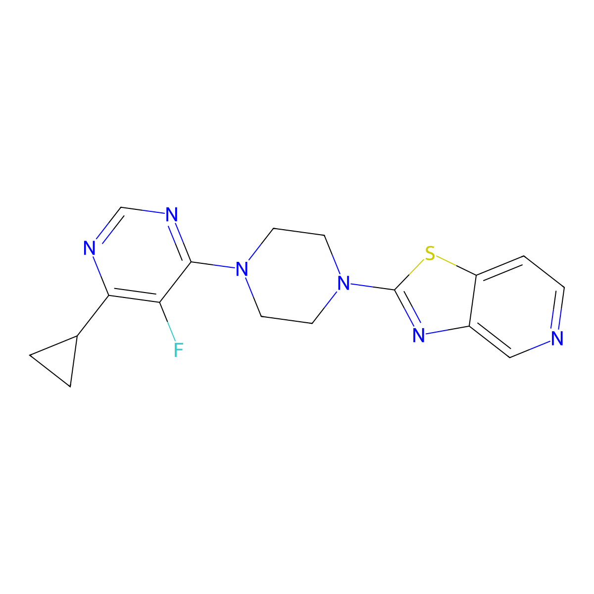 4-Cyclopropyl-5-fluoro-6-(4-{[1,3]thiazolo[4,5-c]pyridin-2-yl}piperazin-1-yl)pyrimidine molecular structure, CAS 2380079-03-6