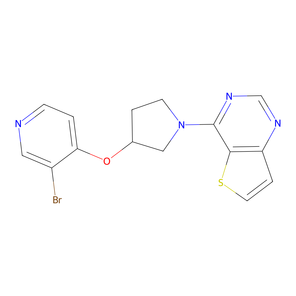 3-Bromo-4-[(1-{thieno[3,2-d]pyrimidin-4-yl}pyrrolidin-3-yl)oxy]pyridine molecular structure, CAS 2380079-13-8