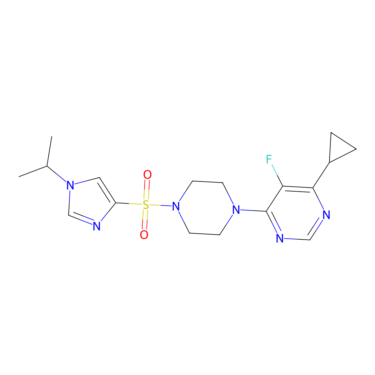 4-cyclopropyl-5-fluoro-6-(4-{[1-(propan-2-yl)-1H-imidazol-4-yl]sulfonyl}piperazin-1-yl)pyrimidine molecular structure, CAS 2380079-14-9