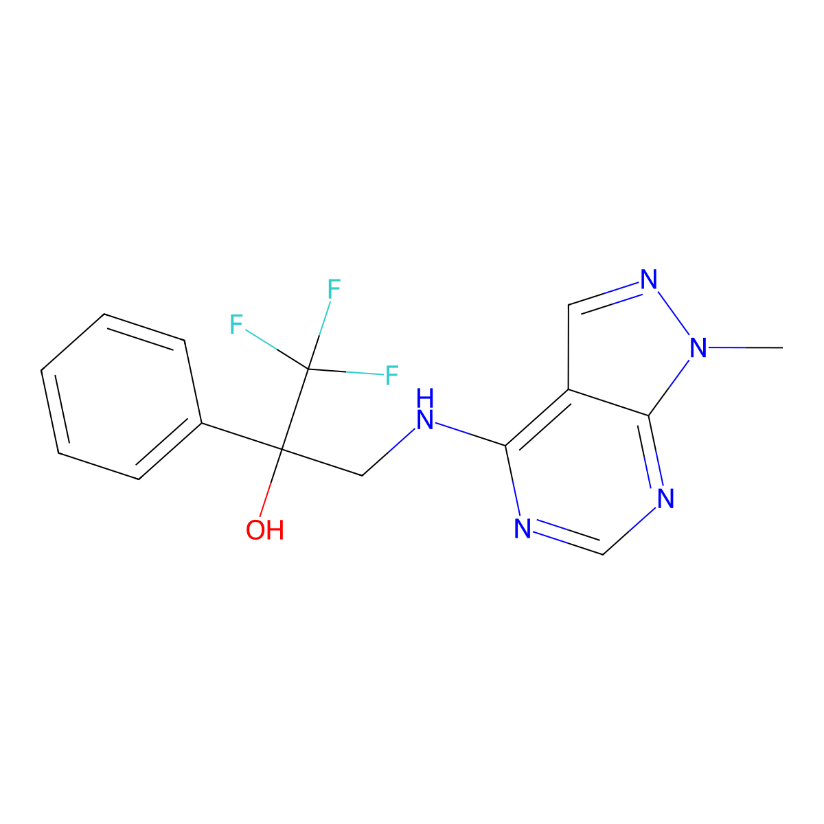 1,1,1-trifluoro-3-({1-methyl-1H-pyrazolo[3,4-d]pyrimidin-4-yl}amino)-2-phenylpropan-2-ol molecular structure, CAS 2380079-19-4