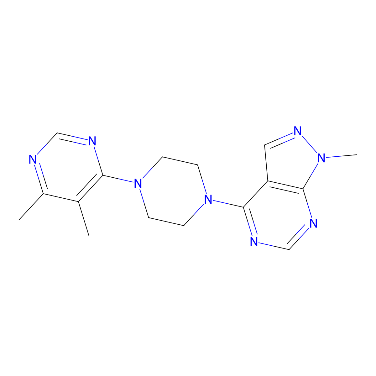 4,5-dimethyl-6-(4-{1-methyl-1H-pyrazolo[3,4-d]pyrimidin-4-yl}piperazin-1-yl)pyrimidine molecular structure, CAS 2380079-32-1