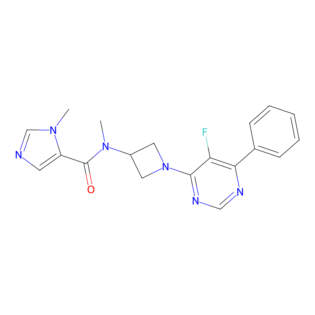 N-[1-(5-fluoro-6-phenylpyrimidin-4-yl)azetidin-3-yl]-N,1-dimethyl-1H-imidazole-5-carboxamide molecular structure, CAS 2380079-45-6