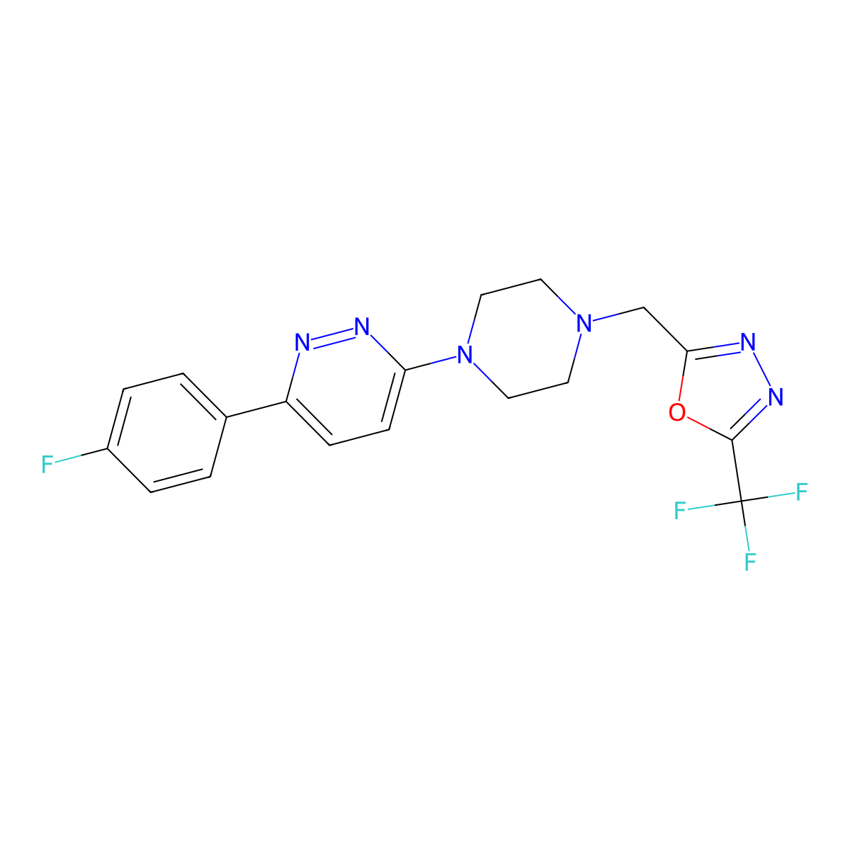3-(4-Fluorophenyl)-6-(4-{[5-(trifluoromethyl)-1,3,4-oxadiazol-2-yl]methyl}piperazin-1-yl)pyridazine molecular structure, CAS 2380079-58-1