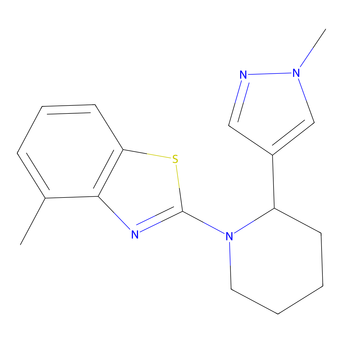 4-methyl-2-[2-(1-methyl-1H-pyrazol-4-yl)piperidin-1-yl]-1,3-benzothiazole molecular structure, CAS 2380079-66-1