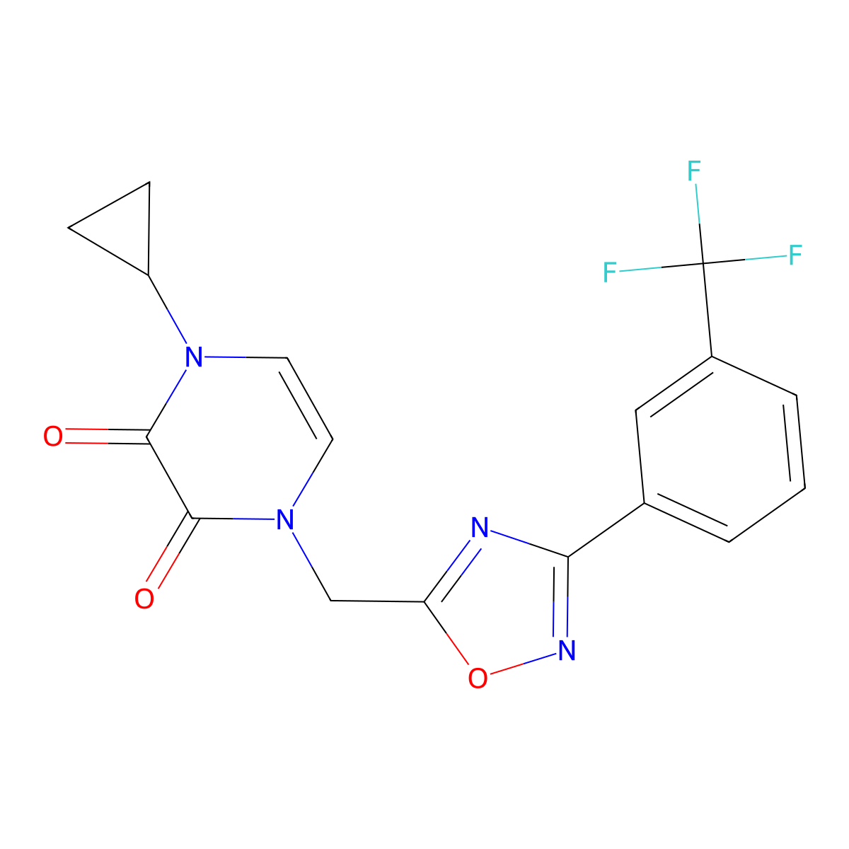 1-Cyclopropyl-4-({3-[3-(trifluoromethyl)phenyl]-1,2,4-oxadiazol-5-yl}methyl)-1,2,3,4-tetrahydropyrazine-2,3-dione molecular structure, CAS 2380079-70-7