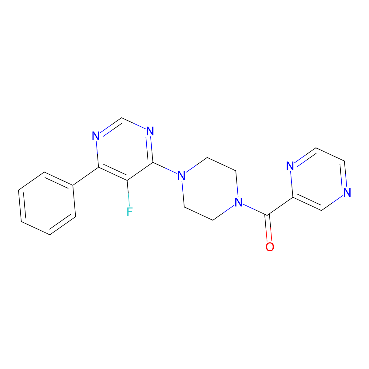 5-Fluoro-4-phenyl-6-[4-(pyrazine-2-carbonyl)piperazin-1-yl]pyrimidine molecular structure, CAS 2380079-74-1