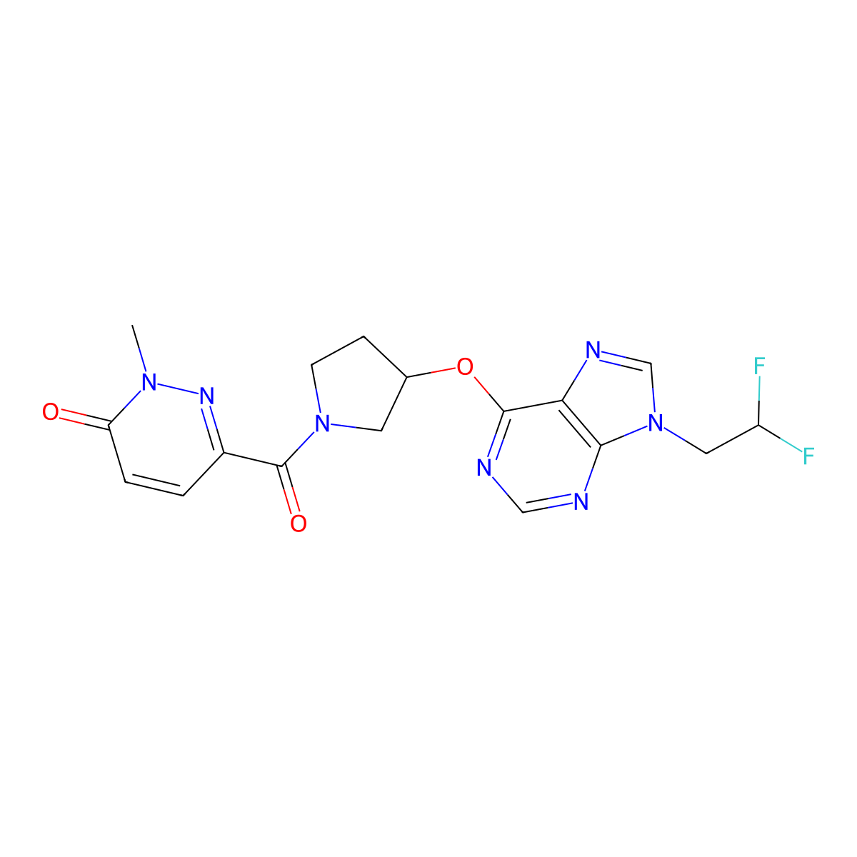 6-(3-{[9-(2,2-difluoroethyl)-9H-purin-6-yl]oxy}pyrrolidine-1-carbonyl)-2-methyl-2,3-dihydropyridazin-3-one molecular structure, CAS 2380079-87-6