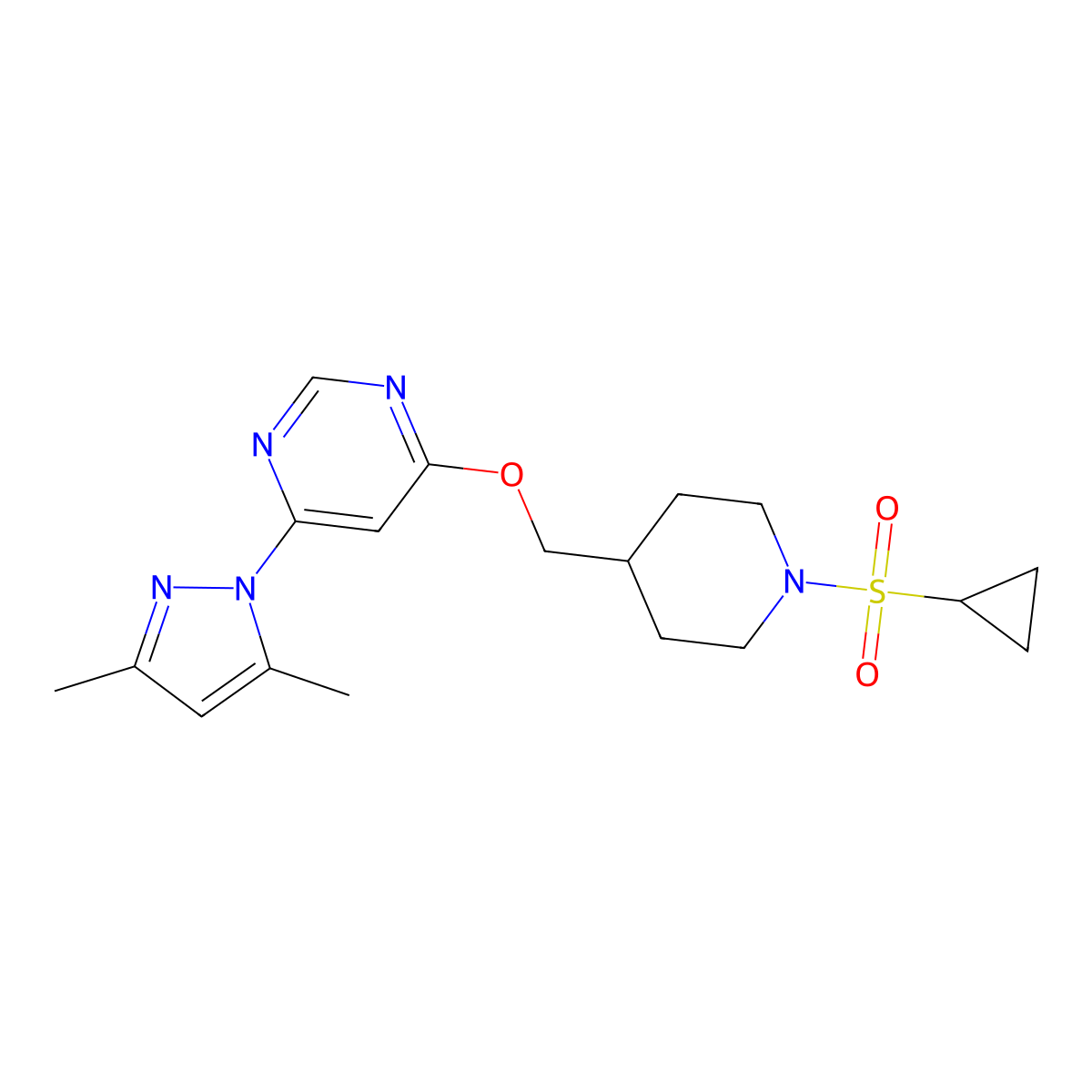 4-{[1-(cyclopropanesulfonyl)piperidin-4-yl]methoxy}-6-(3,5-dimethyl-1H-pyrazol-1-yl)pyrimidine molecular structure, CAS 2380079-93-4