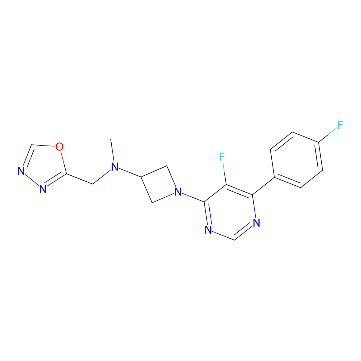 1-[5-fluoro-6-(4-fluorophenyl)pyrimidin-4-yl]-N-methyl-N-[(1,3,4-oxadiazol-2-yl)methyl]azetidin-3-amine molecular structure, CAS 2380079-98-9