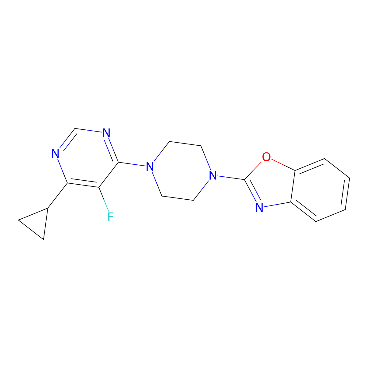 2-[4-(6-Cyclopropyl-5-fluoropyrimidin-4-yl)piperazin-1-yl]-1,3-benzoxazole molecular structure, CAS 2380080-69-1