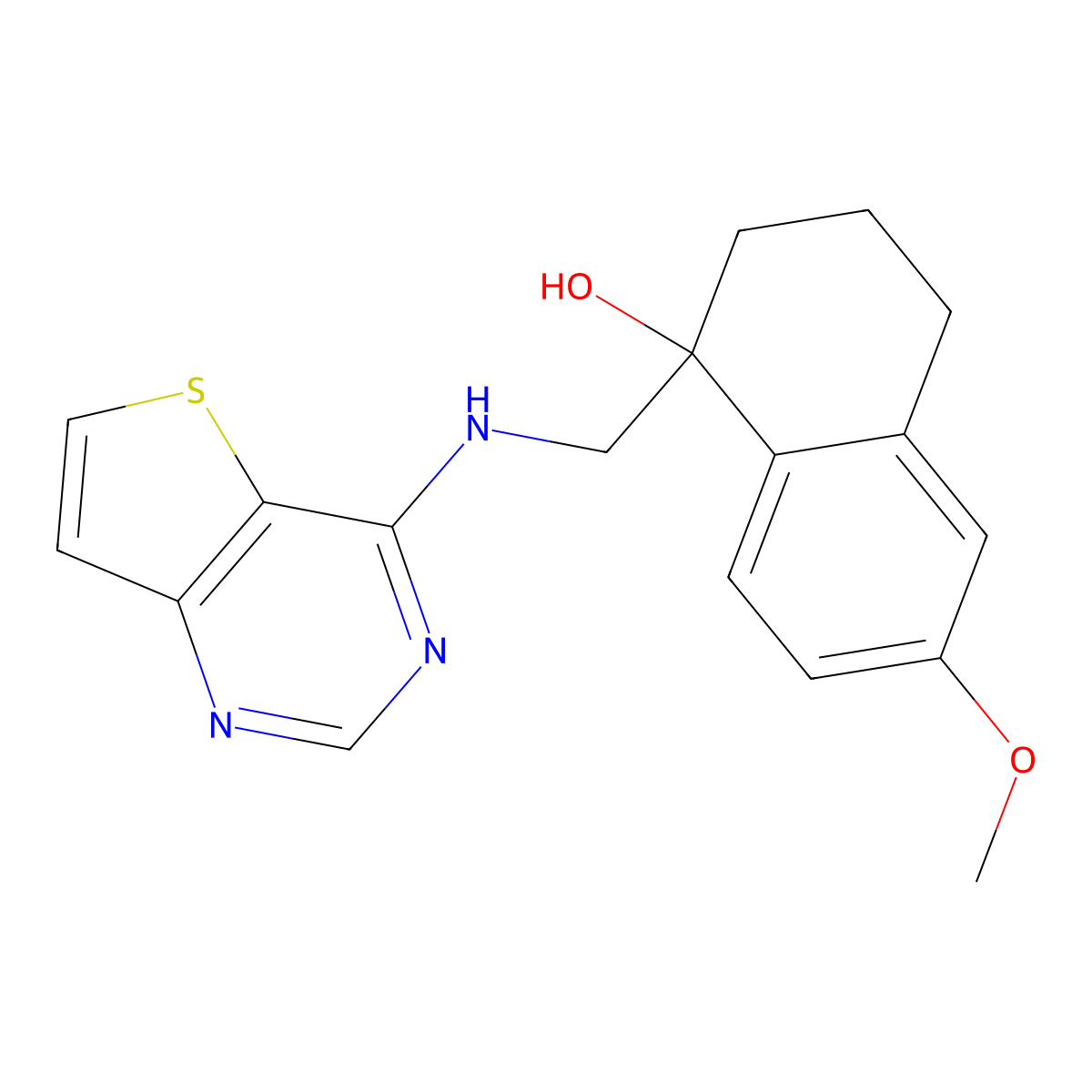6-Methoxy-1-[({thieno[3,2-d]pyrimidin-4-yl}amino)methyl]-1,2,3,4-tetrahydronaphthalen-1-ol molecular structure, CAS 2380080-76-0