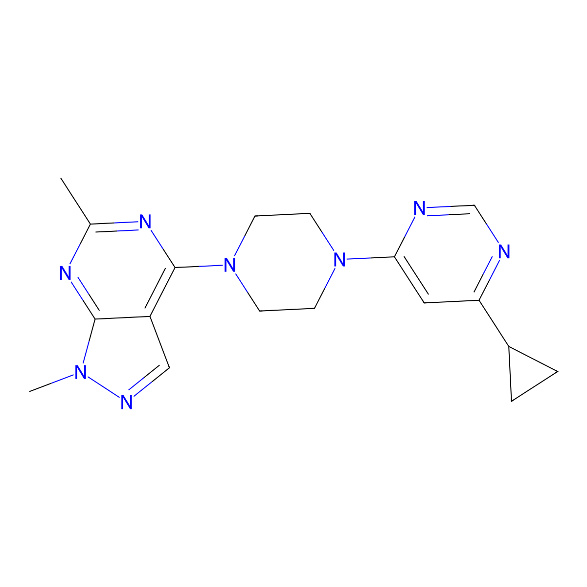 4-cyclopropyl-6-(4-{1,6-dimethyl-1H-pyrazolo[3,4-d]pyrimidin-4-yl}piperazin-1-yl)pyrimidine molecular structure, CAS 2380080-81-7