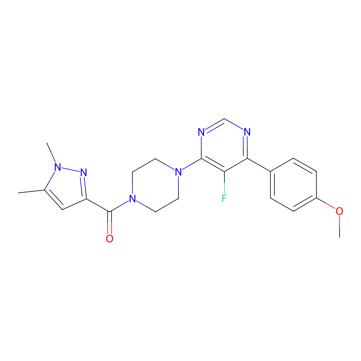 4-[4-(1,5-dimethyl-1H-pyrazole-3-carbonyl)piperazin-1-yl]-5-fluoro-6-(4-methoxyphenyl)pyrimidine molecular structure, CAS 2380080-93-1