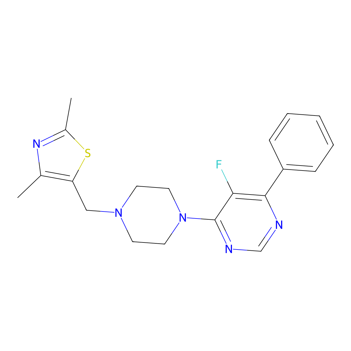 4-{4-[(2,4-Dimethyl-1,3-thiazol-5-yl)methyl]piperazin-1-yl}-5-fluoro-6-phenylpyrimidine molecular structure, CAS 2380080-95-3