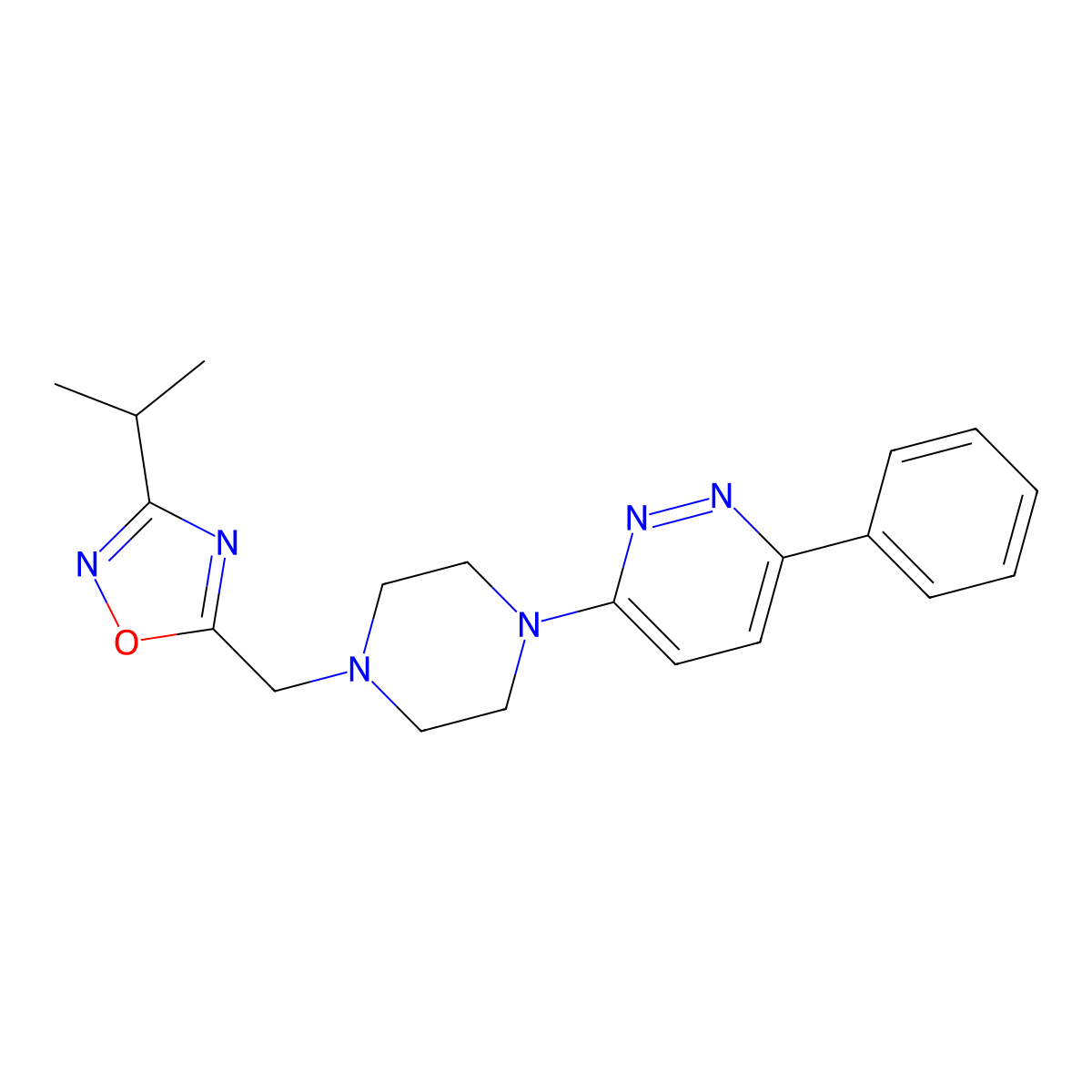 3-Phenyl-6-(4-{[3-(propan-2-yl)-1,2,4-oxadiazol-5-yl]methyl}piperazin-1-yl)pyridazine molecular structure, CAS 2380080-96-4