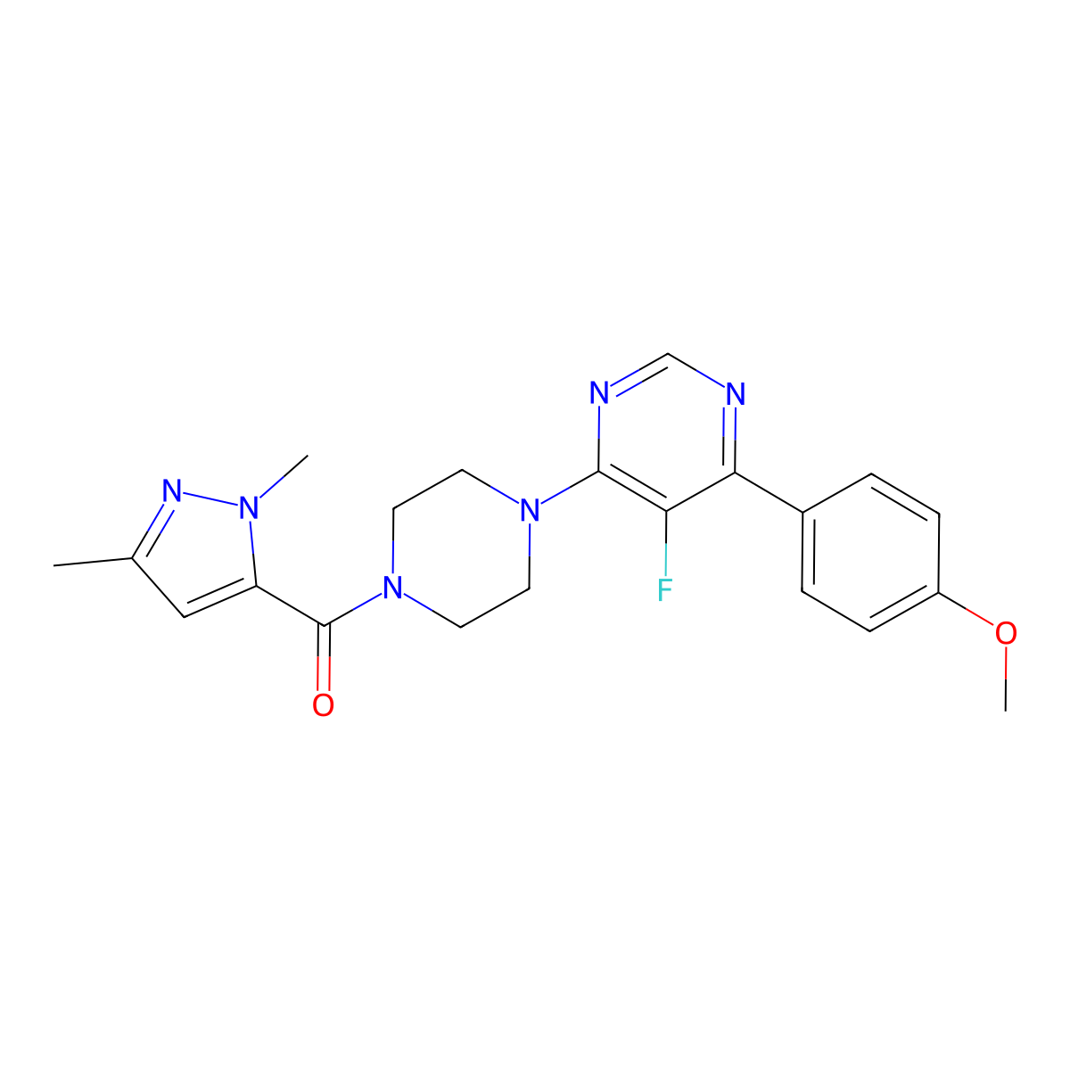 4-[4-(1,3-dimethyl-1H-pyrazole-5-carbonyl)piperazin-1-yl]-5-fluoro-6-(4-methoxyphenyl)pyrimidine molecular structure, CAS 2380080-99-7