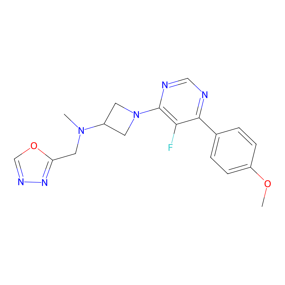 1-[5-fluoro-6-(4-methoxyphenyl)pyrimidin-4-yl]-N-methyl-N-[(1,3,4-oxadiazol-2-yl)methyl]azetidin-3-amine molecular structure, CAS 2380081-06-9