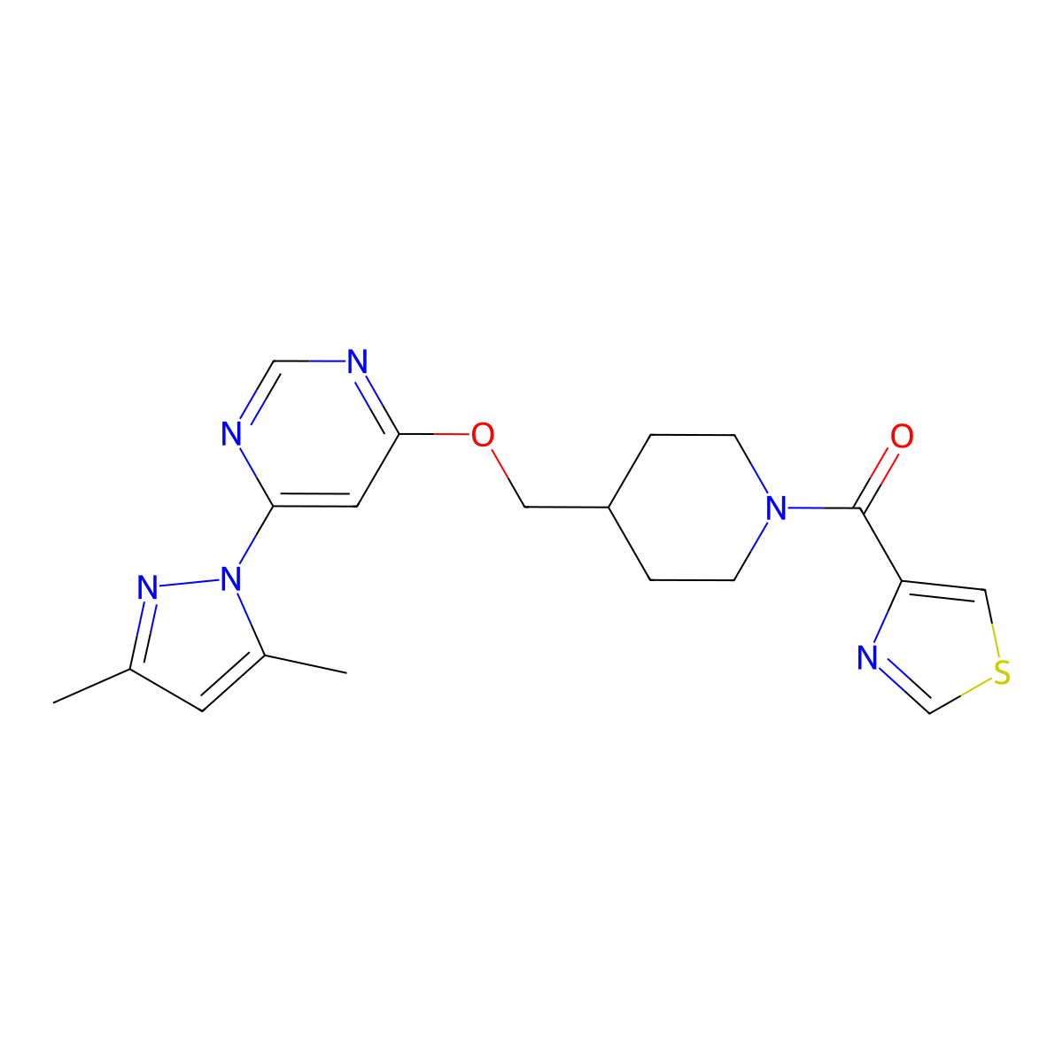 4-(3,5-dimethyl-1H-pyrazol-1-yl)-6-{[1-(1,3-thiazole-4-carbonyl)piperidin-4-yl]methoxy}pyrimidine molecular structure, CAS 2380081-07-0