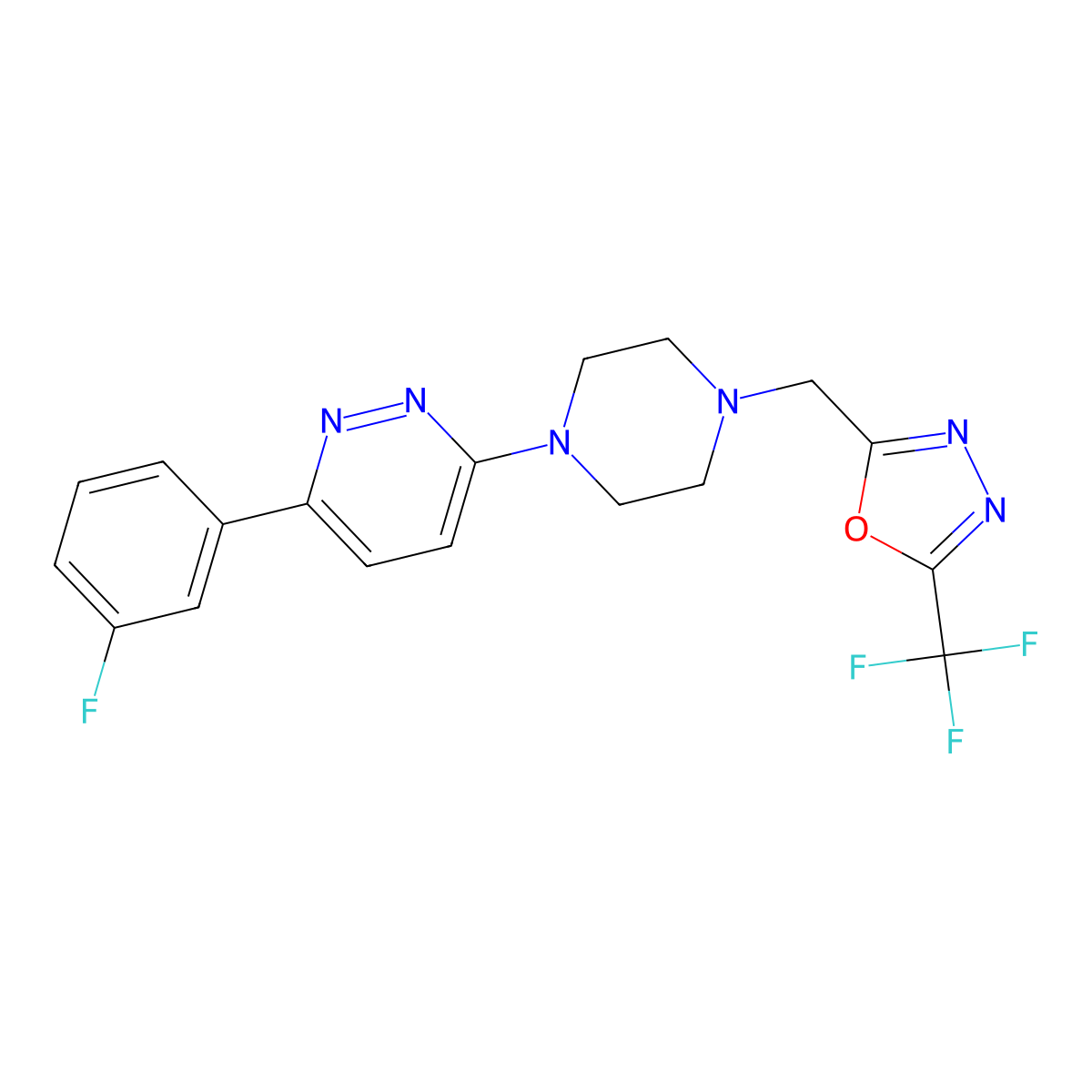 3-(3-Fluorophenyl)-6-(4-{[5-(trifluoromethyl)-1,3,4-oxadiazol-2-yl]methyl}piperazin-1-yl)pyridazine molecular structure, CAS 2380081-09-2