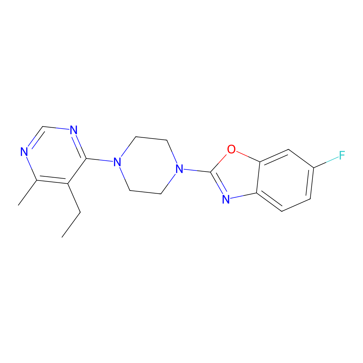 2-[4-(5-Ethyl-6-methylpyrimidin-4-yl)piperazin-1-yl]-6-fluoro-1,3-benzoxazole molecular structure, CAS 2380081-11-6
