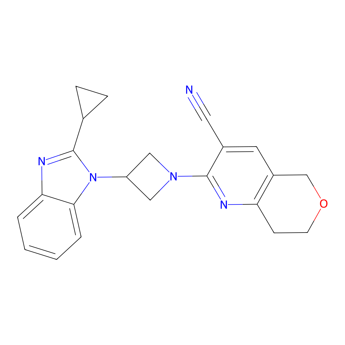 2-[3-(2-cyclopropyl-1H-1,3-benzodiazol-1-yl)azetidin-1-yl]-5H,7H,8H-pyrano[4,3-b]pyridine-3-carbonitrile molecular structure, CAS 2380081-13-8
