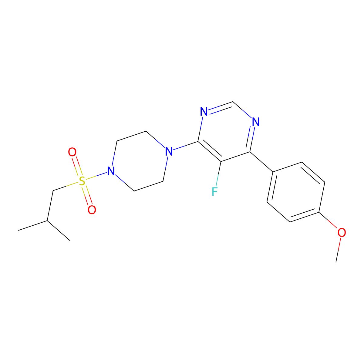 5-Fluoro-4-(4-methoxyphenyl)-6-[4-(2-methylpropanesulfonyl)piperazin-1-yl]pyrimidine molecular structure, CAS 2380081-15-0