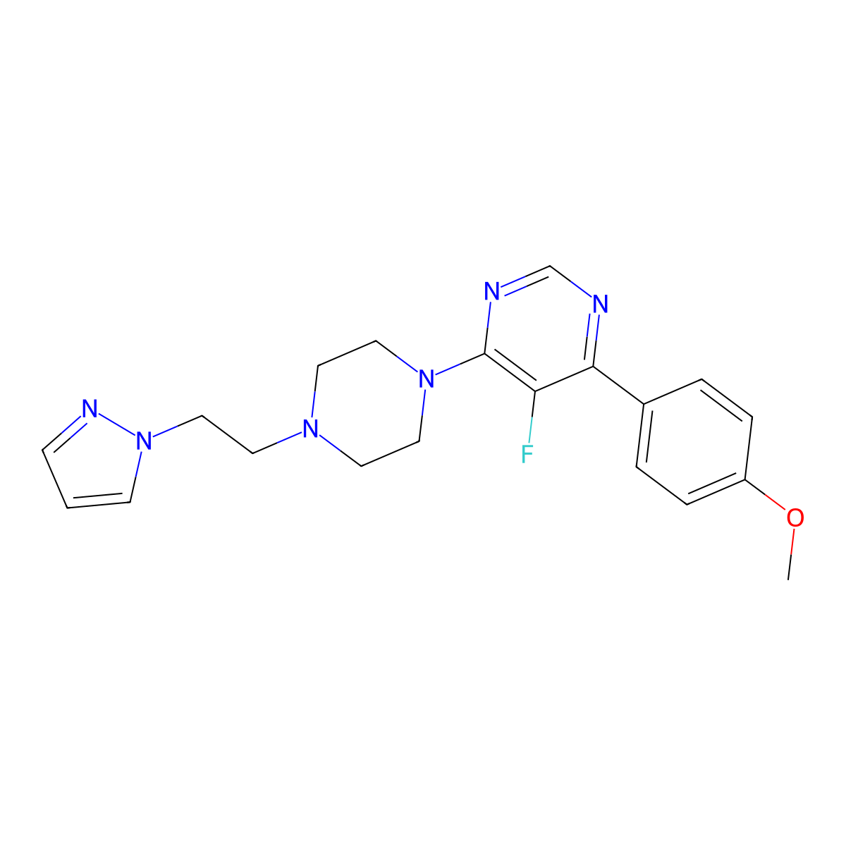 5-fluoro-4-(4-methoxyphenyl)-6-{4-[2-(1H-pyrazol-1-yl)ethyl]piperazin-1-yl}pyrimidine molecular structure, CAS 2380081-39-8