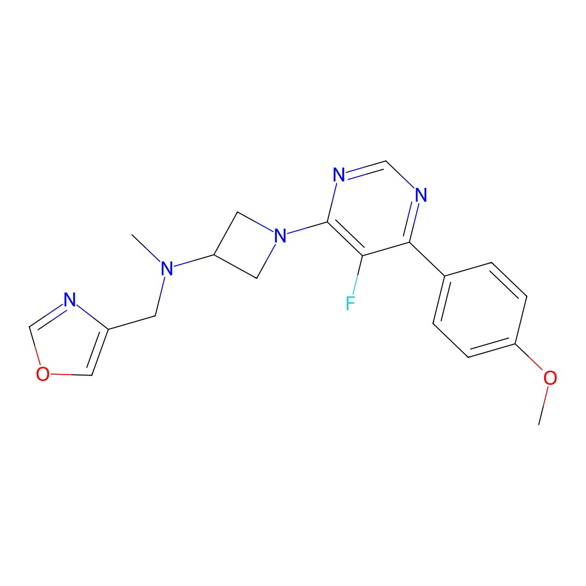 1-[5-fluoro-6-(4-methoxyphenyl)pyrimidin-4-yl]-N-methyl-N-[(1,3-oxazol-4-yl)methyl]azetidin-3-amine molecular structure, CAS 2380081-49-0