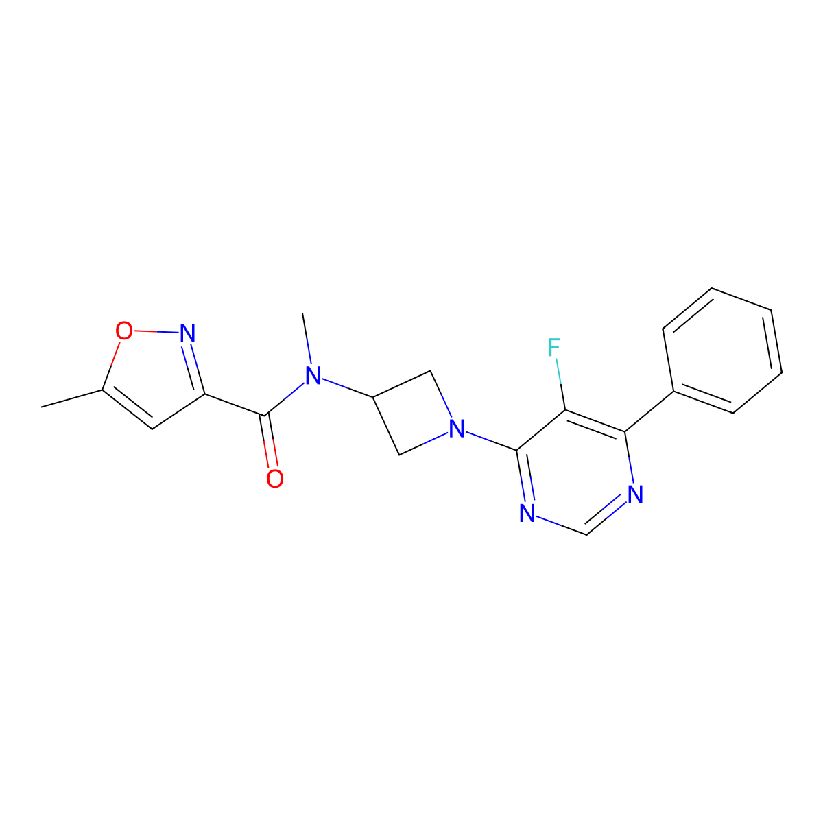 N-[1-(5-Fluoro-6-phenylpyrimidin-4-yl)azetidin-3-yl]-N,5-dimethyl-1,2-oxazole-3-carboxamide molecular structure, CAS 2380081-54-7
