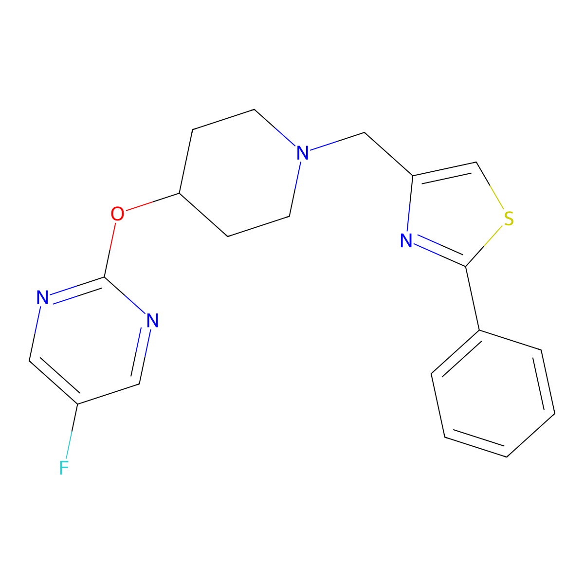 5-Fluoro-2-({1-[(2-phenyl-1,3-thiazol-4-yl)methyl]piperidin-4-yl}oxy)pyrimidine molecular structure, CAS 2380081-59-2